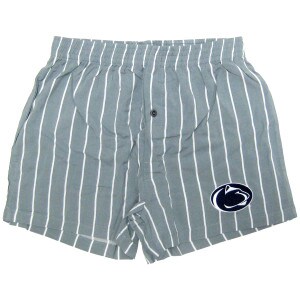 men's Oxford boxer shorts with white stripes and Penn State Athletic Logo on left thigh
